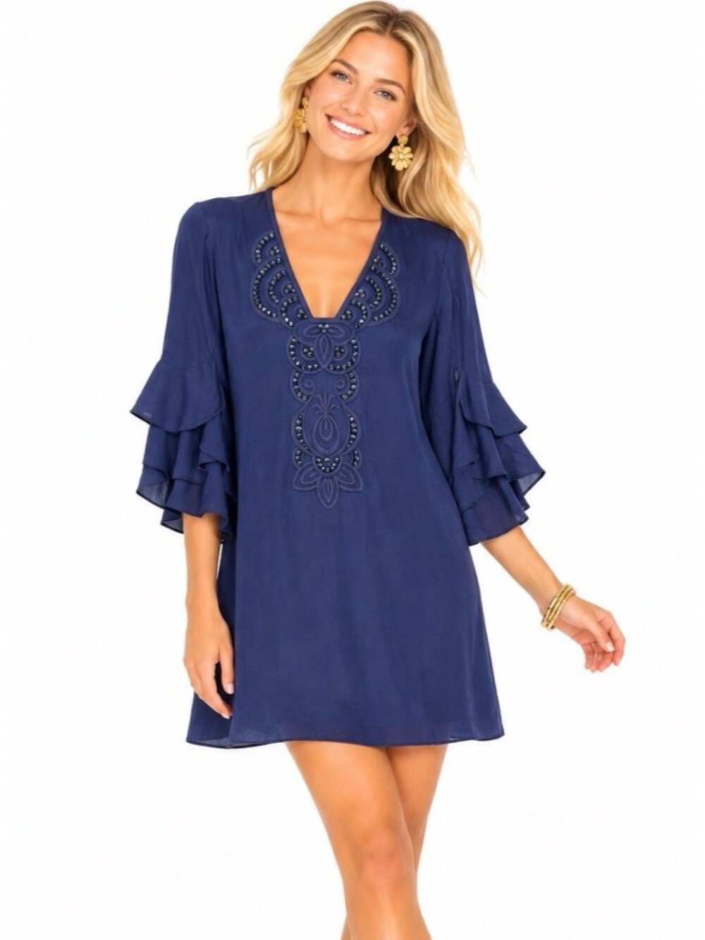 Lilly Pulitzer Tatiana Stretch Silk Navy Embellished Dress Tunic Bell Sleeves S